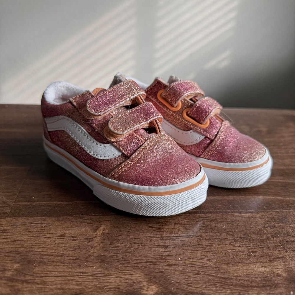 Vans Old Skool V Glitter Pink Orange Low Top Skate Shoes Toddler Size 5.5